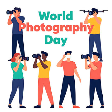 World Photography Day illustration. Diverse group of photographers taking pictures with cameras.