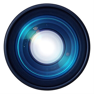 Camera lens isolated on white. Professional photography equipment with blue light reflection.