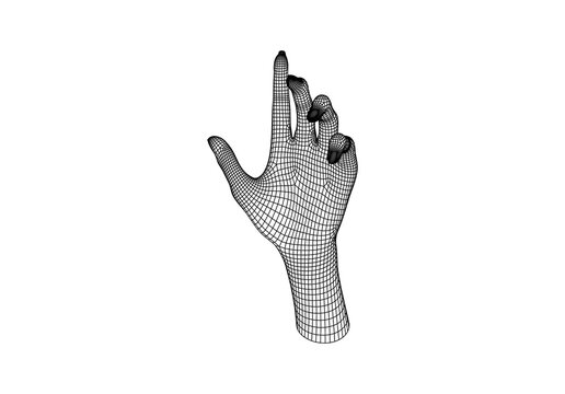 Wireframe 3d mesh of a raised hand with spread fingers symbolizing halt and blessing gesture
