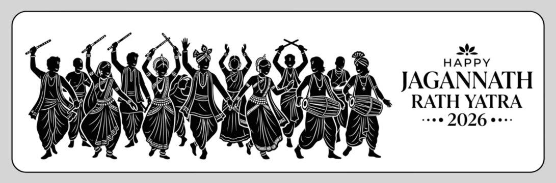 Happy Jagannath Rath Yatra 2026 Silhouette Illustration of Indian People Dancing and Playing Drums