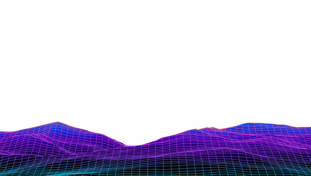 Retro neon teal and blue dark glowing wireframe hilly terrain on transparent background