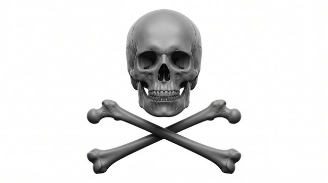 Grey 3d rendered human skull and crossed bones symbol on white background with crossbones icon isolated warning graphic anatomy danger poison