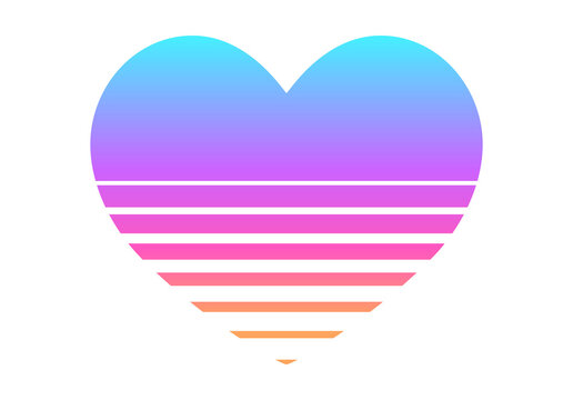 80s heart with striped bottom. Synthwave or arcade game heart as lined sun on sunrise or sunset