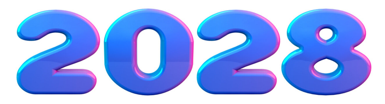 Glossy 3d balloon shaped year number 2028 with vivid blue and purple gradient design