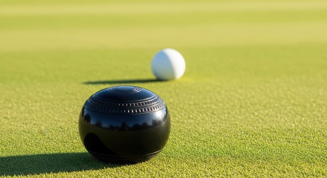 A close-up view of a polished black lawn bowl resting on a manicured green grass surface near a small white target ball in soft sunlight, leisure, rolling, game