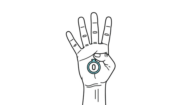 Human hand raised to show four fingers while holding a small round zero icon inside the palm area.