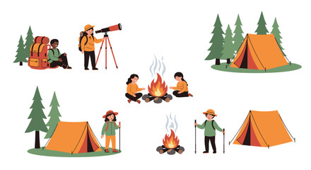 Fototapeta premium Set of happy children enjoying fun summer camping activities with tents campfire and telescope in green forest.
