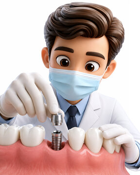 3D Cartoon Dentist Placing Dental Implant Crown Onto Titanium Post In Gum Model