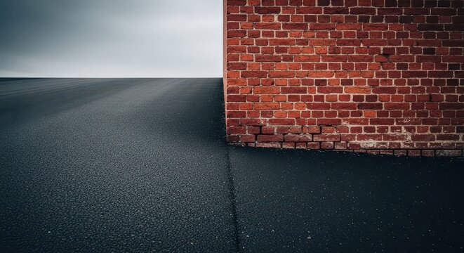 A paved asphalt road terminates abruptly at a weathered red brick wall under a dim overcast sky, symbolizing a complete lack of progress, vertical, industrial, concrete
