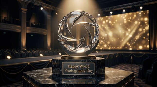 A golden camera shutter trophy displayed on a stage to celebrate world photography day with elegant lighting and professional awards ceremony atmosphere
