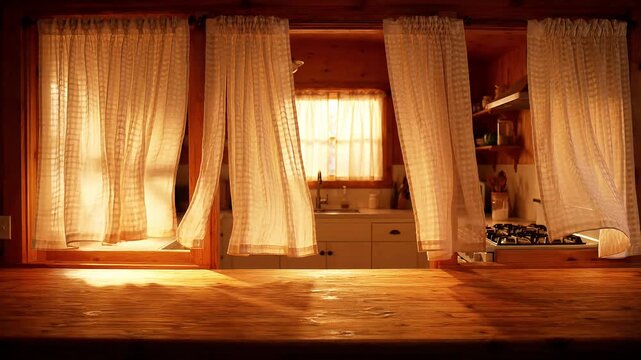 Sunlight streaming through white curtains into a rustic wooden kitchen window wood interior home cozy