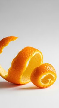 A single spiral of vibrant orange zest sits on a clean white surface, showcasing the intricate texture and natural curve of the fresh rind, flavor, macro, rind