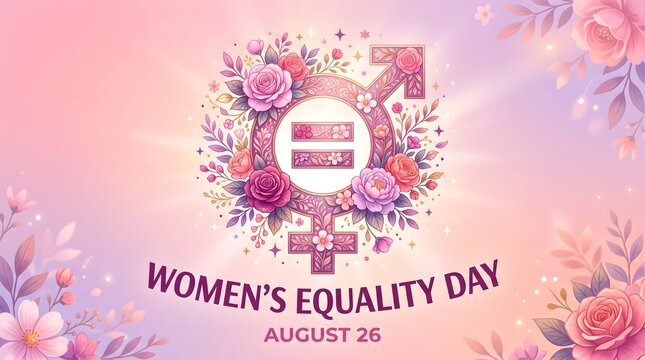 Women's Equality Day celebration poster with floral wreath design. Feminist empowerment graphic for August 26th events and social media campaigns.