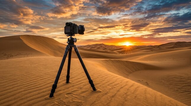 Professional camera on a tripod capturing a beautiful golden sunset over the desert dunes for celebrating world photography day in nature