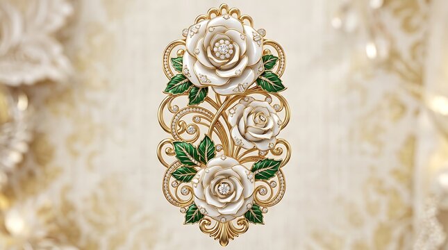 Elegant silver rose flower bouquet with gold ornate scrollwork elements and green leaves for luxury floral design