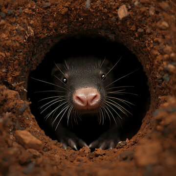 Mole peeking out of a burrow. Small mammal looking from a hole in the ground.
