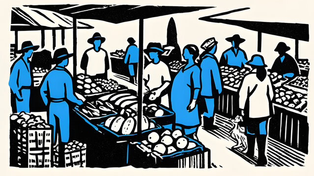Vibrant Market Scene: A bustling open-air market unfolds with vendors displaying fresh produce and eager shoppers browsing the stalls.