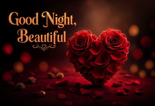 Good night beautiful message with red rose petal heart shape on dark rustic surface surrounded by scattered floral pieces and elegant golden bokeh lights for romantic atmosphere.
