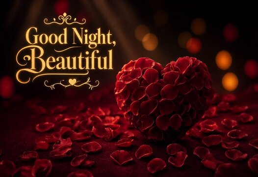 Good night beautiful inscription next to heart shaped arrangement made of deep red rose petals on dim background with soft warm bokeh lighting creating intimate moody setting.