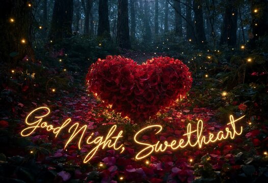 Romantic good night sweetheart greeting card design featuring glowing golden neon text overlaying magical forest background with heart shaped red rose arrangement and fairy lights at night.