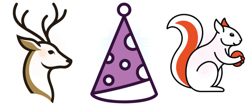 Winter wildlife and party icons showing elegant deer head antlers festive polka dot party hat and cute squirrel holding nut icon.