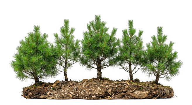 Small pine trees growing in a patch of soil isolated on transparent background