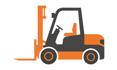 Naklejka premium A simplified modern industrial forklift, side view, rendered with bold flat color blocks and a limited palette, isolated on a white background. Industrial logistics concept