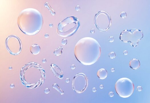 Clear glass elements on gradient background, transparent bubbles, rings and abstract shapes, clean and glossy visual style.