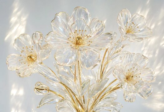 Delicate transparent glass flowers with golden centers on a light background, elegant and artistic floral arrangement.