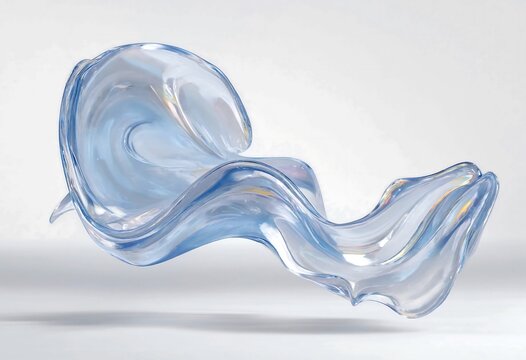 Fluid abstract clear blue glass shape on white background, flowing and dynamic translucent form with gentle reflections.