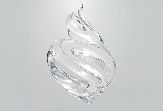 Abstract clear glass sculpture with swirling lines on a light gray background, elegant and dynamic modern art.