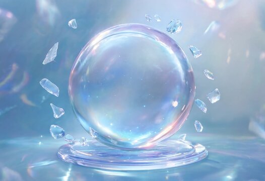 Crystal sphere levitating above glass podium surrounded by floating shards in iridescent blue light representing mystical ethereal abstract concept for luxury product display background.