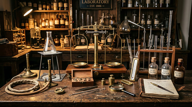An antique laboratory setup with vintage scientific instruments and glassware displayed on a wooden workbench