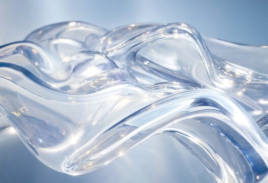 Abstract flowing liquid glass wave ripples creating elegant iridescent surface with soft highlights and smooth curves perfect for futuristic luxury artistic background texture.