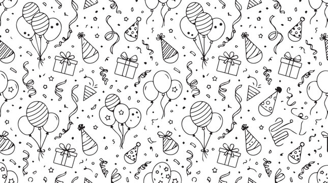 Seamless pattern with birthday party elements isolated on white background