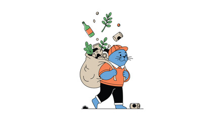 Fototapeta premium Cute cartoon seal character carrying a large sack filled with recyclable plastic bottles and cans to clean up the environment.