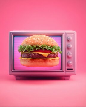 A vibrant pink retro TV displays a juicy cheeseburger with lettuce and tomato on a sesame bun, blending vintage style with modern food imagery.