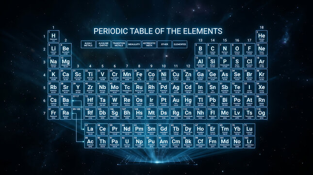 Futuristic holographic periodic table of elements glowing with scientific data and atomic symbols