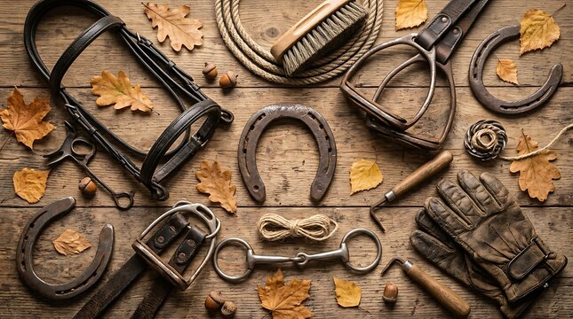 Vintage horse riding gear and autumn leaves on a wooden background