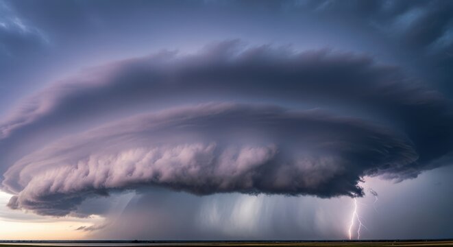 A dramatic panoramic view of massive dark storm clouds gathering over a silent open horizon. The atmosphere is intense and heavy with rain, rain, horizon, cinematic