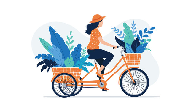 Eco-friendly illustration of a young woman riding an orange tricycle bike with front and back baskets filled with lush green plants.