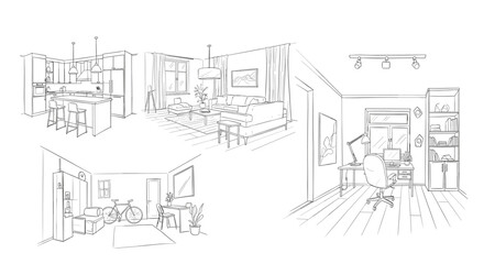 Fototapeta premium Collection of hand-drawn architectural interior sketches showing modern living room, kitchen, home office, and bedroom.