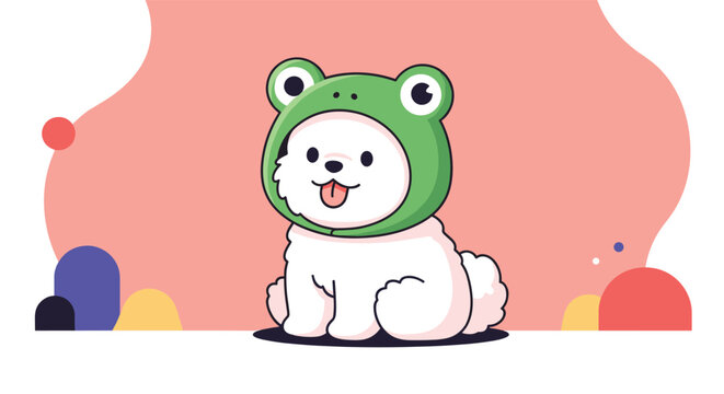 Adorable white puppy wearing a green frog costume hat sitting happily against a warm pink background.
