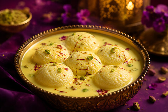 Rasmalai floating in saffron milk with pistachio fragments, deep purple background