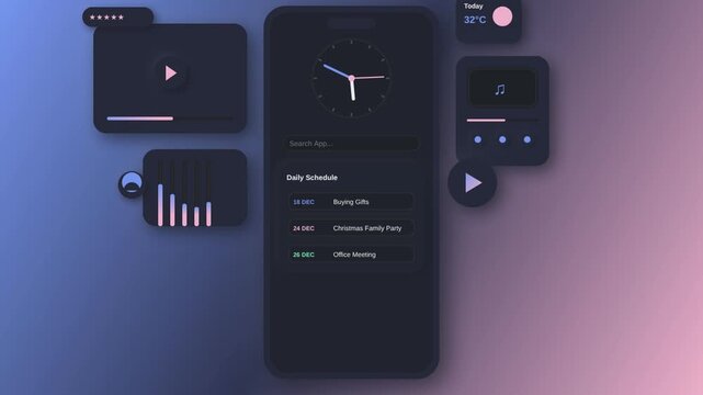 Dark mode mobile UI kit with glassmorphism widgets, futuristic smartphone interface design, sleek app dashboard with calendar and media player