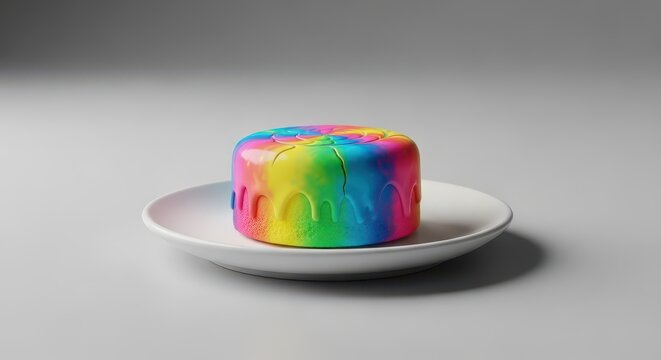 A single miniature glazed cake sits alone on a plain white ceramic plate centered within a vast, empty expanse of neutral grey background, delicious, solitude, negative space