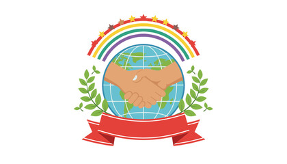Fototapeta premium Global peace illustration showing a handshake in front of the earth globe beneath a colorful rainbow and stars.