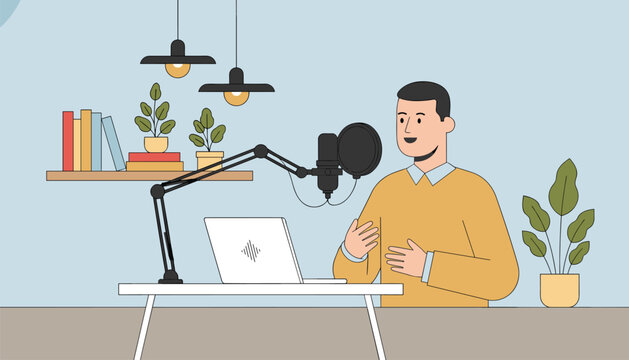 Professional podcaster speaking into a microphone at a recording desk with a laptop, books, and houseplants.