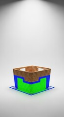 Fototapeta premium Conceptual representation of geometric measurement, showing the calculated area of a woven storage basket on a plain surface, size, shape, volumetric