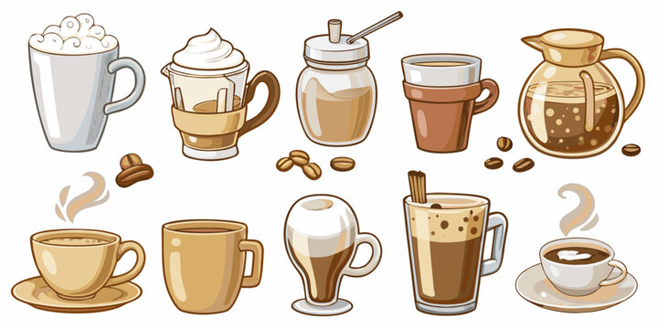Coffee Drink Vector Illustration Set Featuring Various Beverage Containers And Coffee Beans arabica